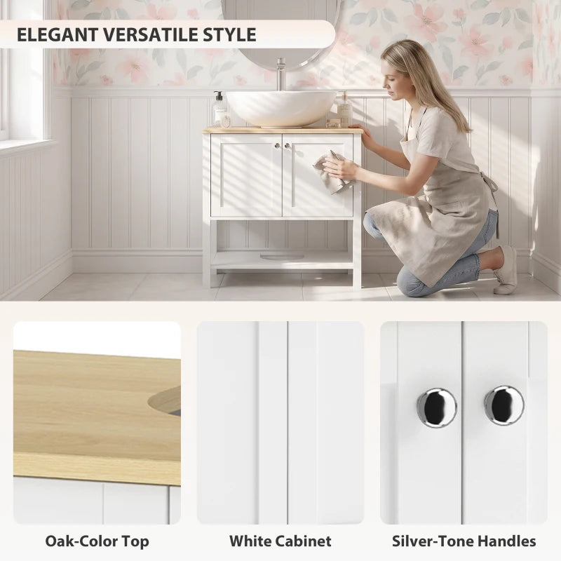 White cabinet with silver-tone knobs and light wood-look top, shown being installed