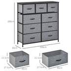 Grey fabric 9-drawer dresser with black frame; top view and drawer size angles