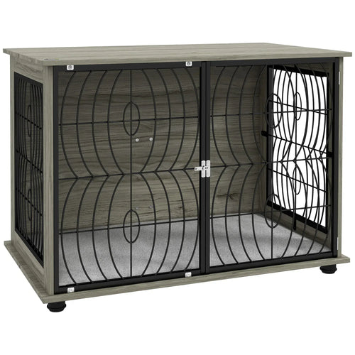 Grey dog crate end table with two-door front and wire mesh panels, open interior view