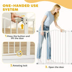 White dog safety gate one-handed use illustration with press-and-lift mechanism