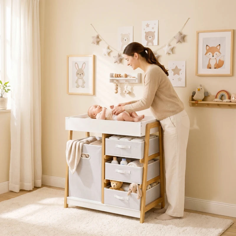 White baby changing table with waterproof pad, three drawers, wooden frame, fabric basket.