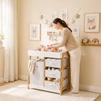 White baby changing table with waterproof pad, three drawers, wooden frame, fabric basket.