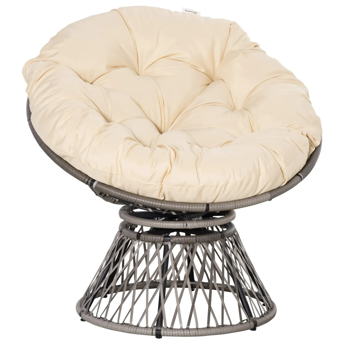 Round rattan swivel lounge chair with a plush beige tufted cushion and open woven pedestal base