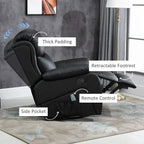 Black PU leather reclining chair with retractable footrest, remote, and side pocket