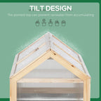 Wooden cold frame greenhouse with slanted top cover to help shed rainwater