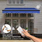 Blue electric awning with scalloped edge, paired with remote controller and crank icon.