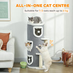 Gray cat tree with three barrel condos and stacked perches, shown with lounging cats