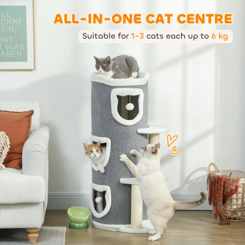 Gray cat tree with three barrel condos and stacked perches, shown with lounging cats