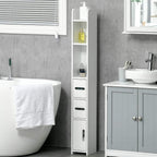 White tall freestanding cabinet with open shelves, drawers, and a lower door for storage