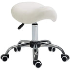 Cream faux leather saddle stool with chrome base, swivel, and rolling casters