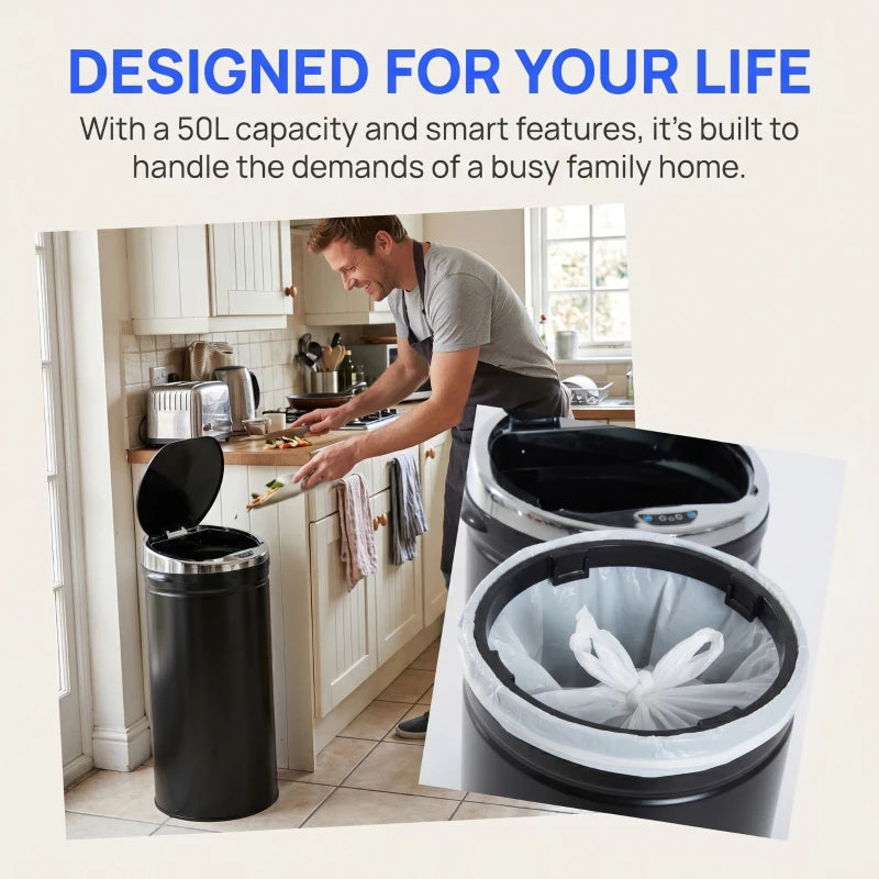 Black 50L automatic motion sensor rubbish bin with open lid and inner trash bag visible