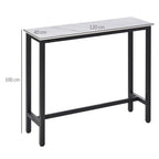 Rectangular bar table, white marble-effect top, black frame with four legs and open shelf