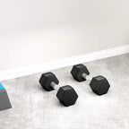 Black hex rubber dumbbells set, 6 kg each, with chrome handles on the floor