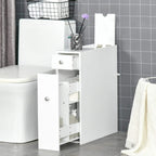 White slim bathroom floor cabinet with open side door, inner shelves, and two drawers