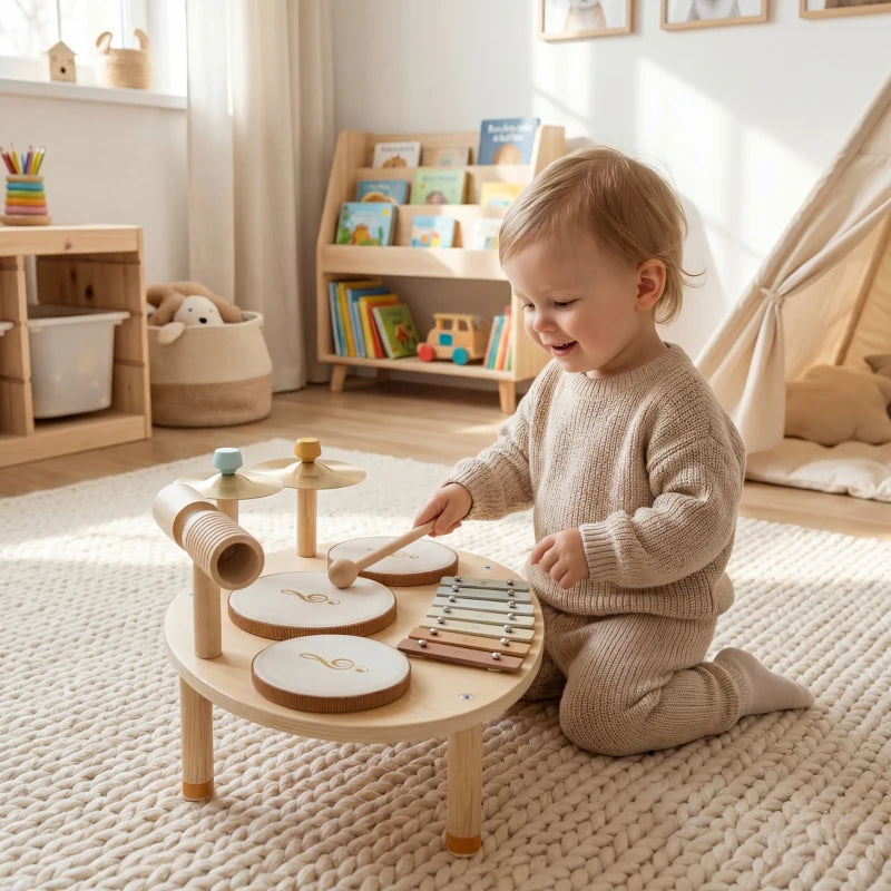 Toddler playing wooden drum and xylophone toy with three drums and two mallets