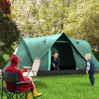 Dark green dome tent with open door and people inside