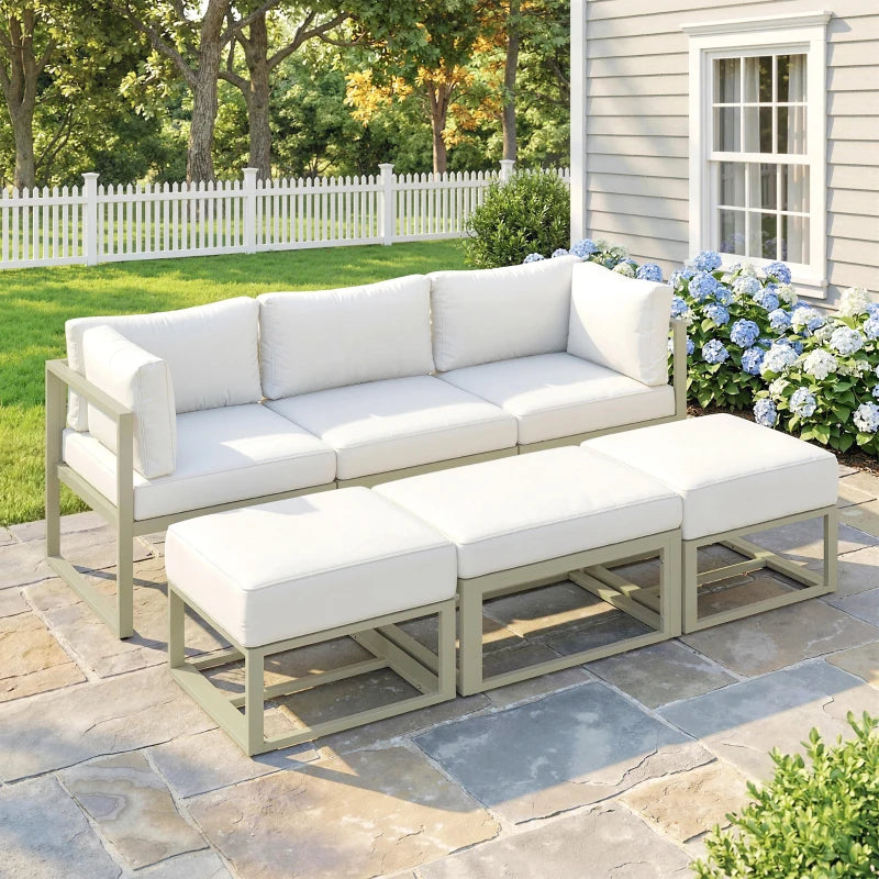 Cream outdoor sectional daybed sofa set with ottomans and back cushions on patio