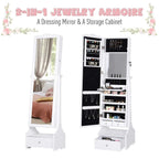 White 2-in-1 jewelry cabinet with dressing mirror and open storage organizer