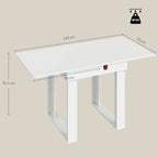 White extendable folding dining table with under storage, shown with size dimensions