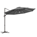 Dark grey cantilever patio parasol with LED light panel and cross base, open