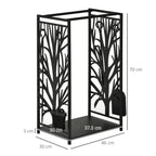 Black steel log rack with tree-pattern side panels, with overall size shown
