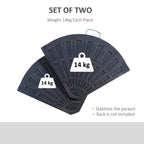 Set of two umbrella base weights, dark resin plates marked 14 kg each, with handles