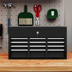 Black steel tool storage chest front with three drawer sections and central lock
