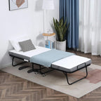 Folding guest bed with white and gray mattress cover, black metal frame, and rolling casters