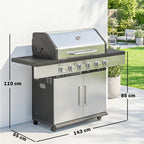 Silver BBQ grill with open hood, side tables, and six front burner control knobs