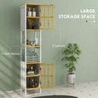 White bathroom storage cabinet with two bamboo slatted door panels and open shelves