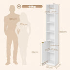 White wood-effect tall 6-tier bookcase with open shelves and side dimensions