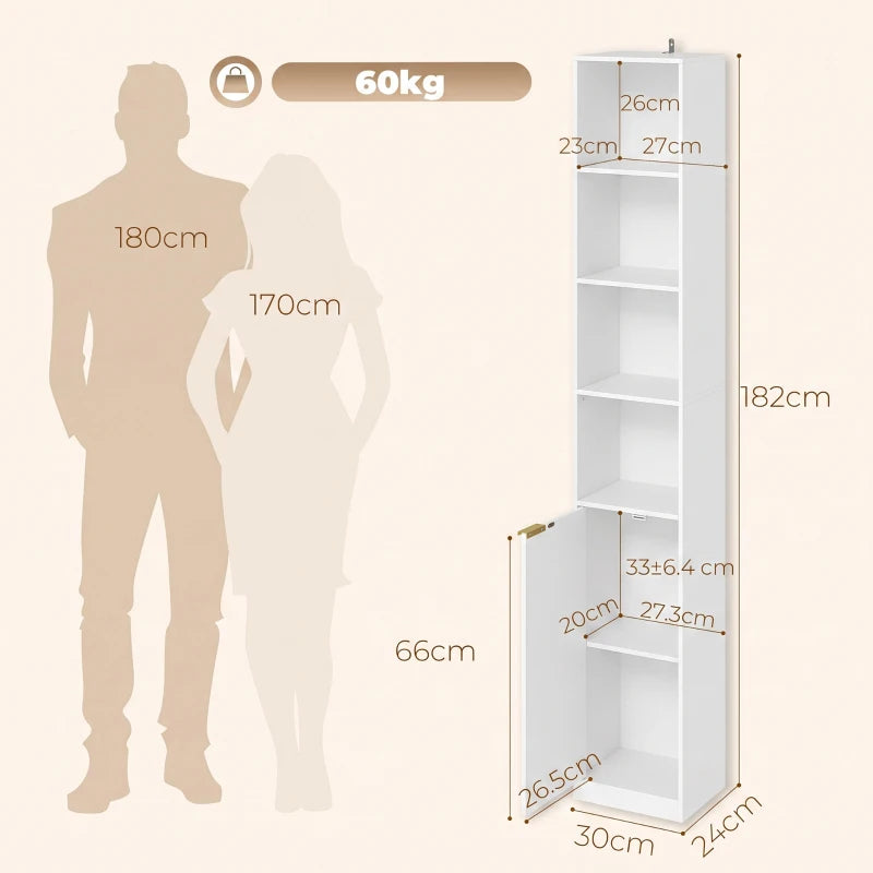 White wood-effect tall 6-tier bookcase with open shelves and side dimensions