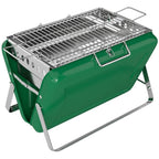 Portable charcoal BBQ grill with green stainless body and wire cooking grate