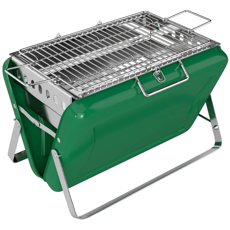 Portable charcoal BBQ grill with green stainless body and wire cooking grate