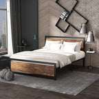 Metal bed frame with headboard and footboard, brown front panel with grey frame