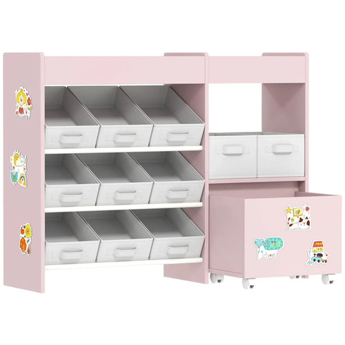 Pink kids toy storage cabinet with 11 open bins and top shelves, sticker on side.