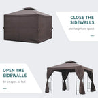Brown garden gazebo with sidewalls shown open and fully closed