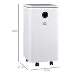 White dehumidifier with front grille and four caster wheels; height and width shown