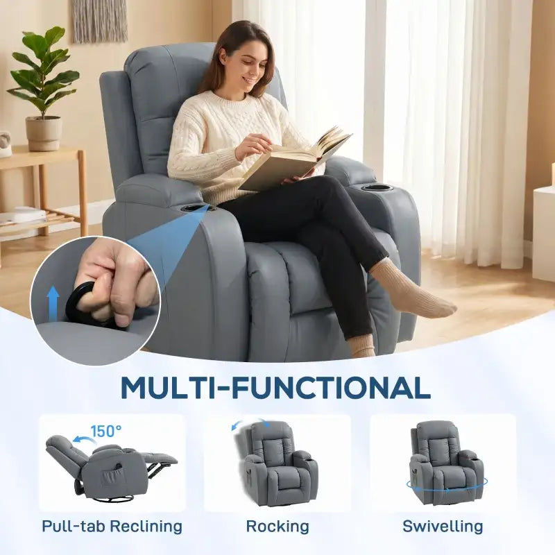 Grey PU leather recliner chair with pull-tab recline and padded armrests