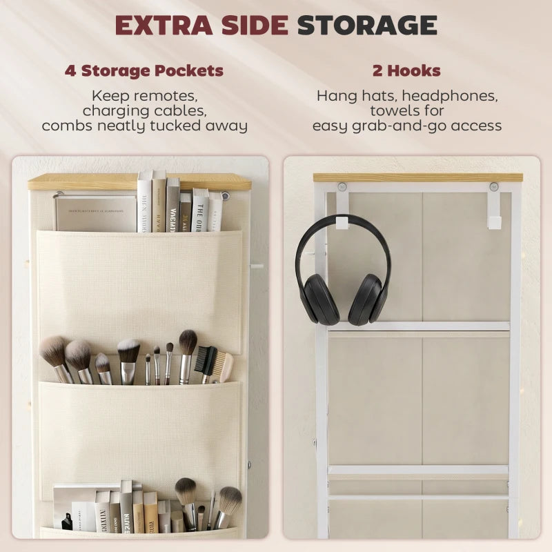 Beige fabric drawer dresser with side storage pockets and 2 hooks