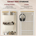 Beige fabric drawer dresser with side storage pockets and 2 hooks