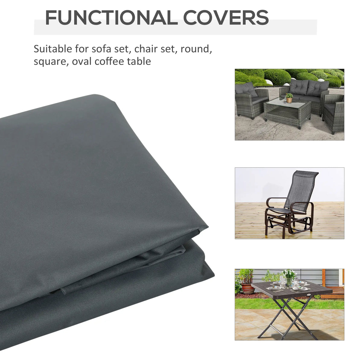 Folded dark gray patio furniture cover with woven fabric texture