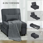 Grey 4-in-1 convertible chair bed with backrest pillow and wheeled base, shown with blanket