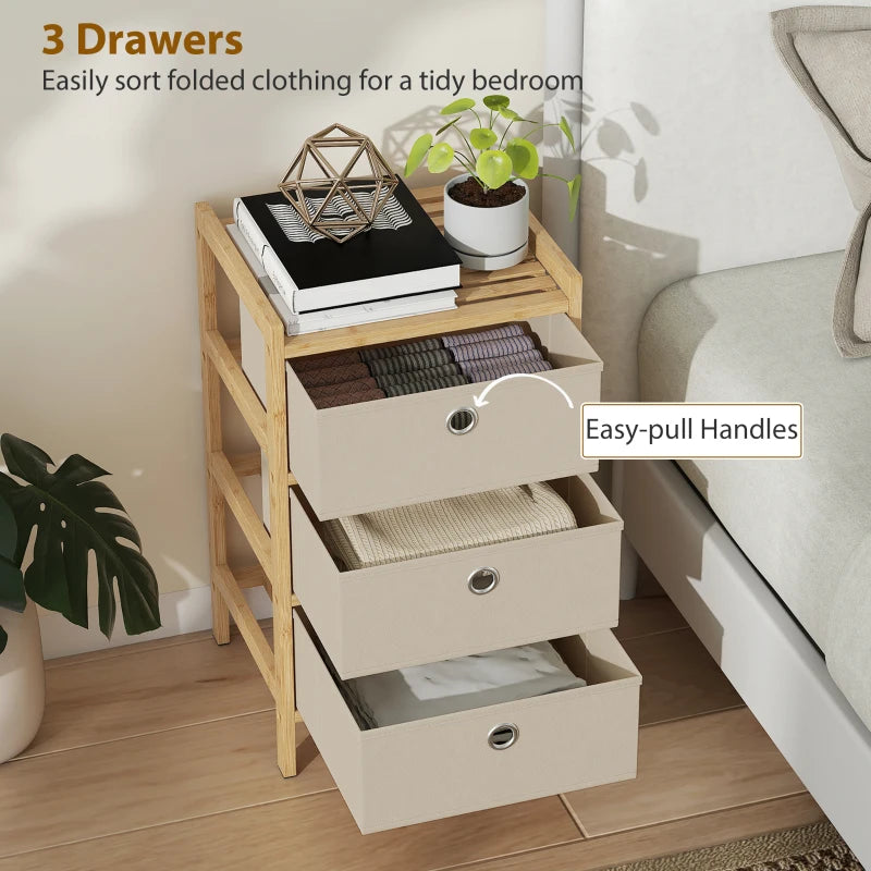 Cream white narrow dresser with bamboo frame, three fabric drawers with easy-pull round handles