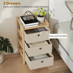 Cream white narrow dresser with bamboo frame, three fabric drawers with easy-pull round handles