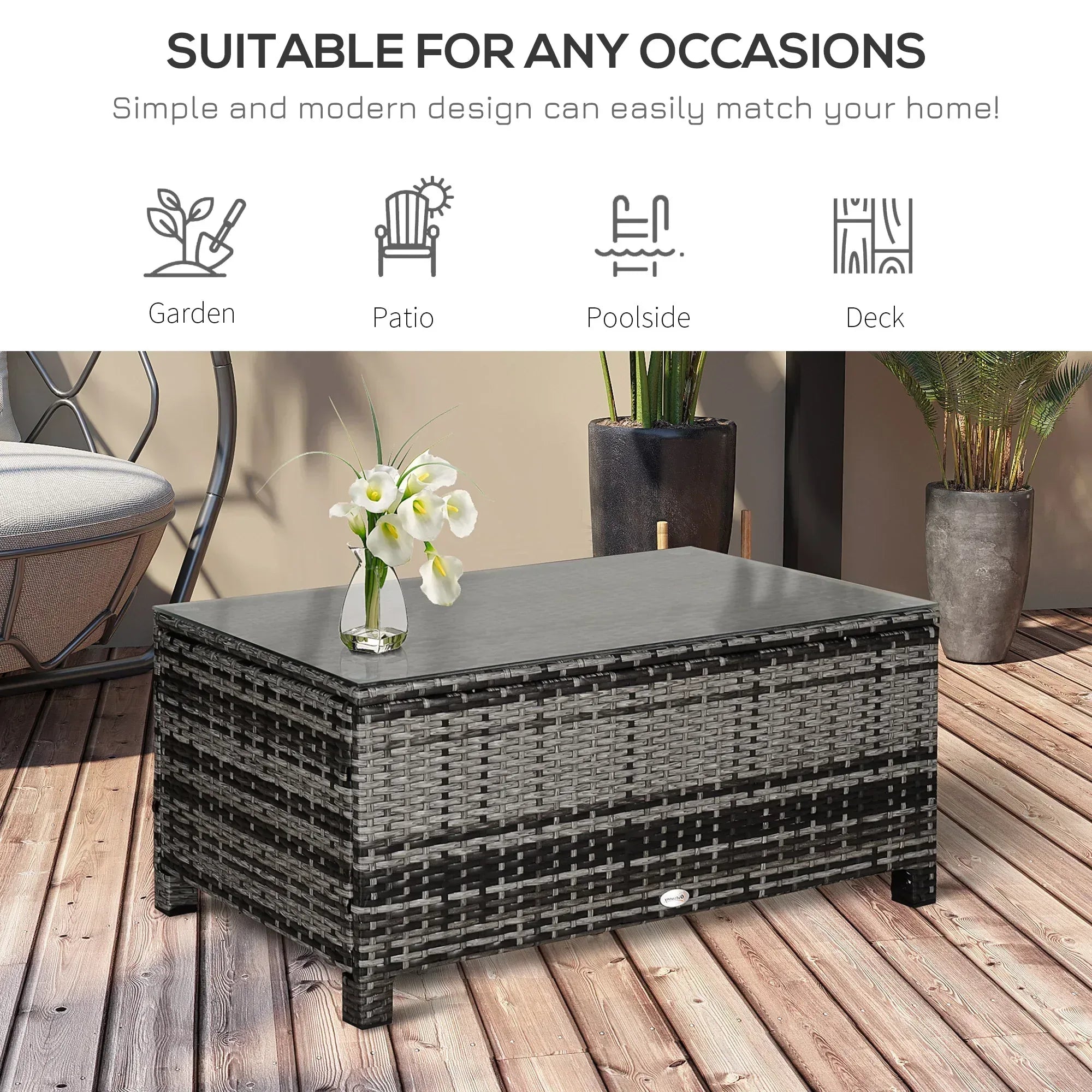 PE Rattan Garden Coffee Table, with Glass Table Top - Grey - Bobobiy