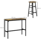 Rustic brown bar table and four stools with industrial black frames, size dimensions