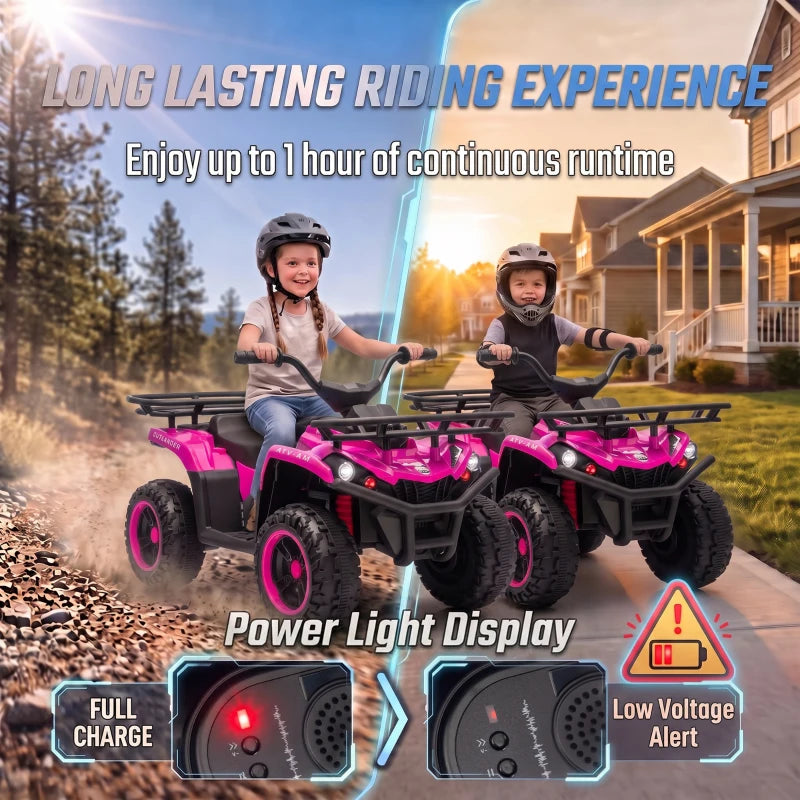 Pink kids electric quad bike with bright LED light display on the front