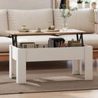Lift-top coffee table with tabletop open, showing white storage compartment for items