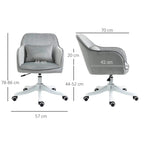 Grey velvet office chair with lumbar pillow, angled view, and white swivel caster base
